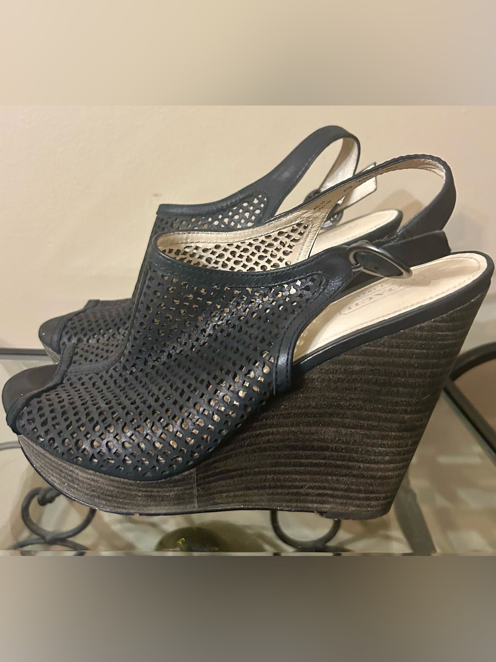 Coach Black Perforated Leather Wedge Slingbacks